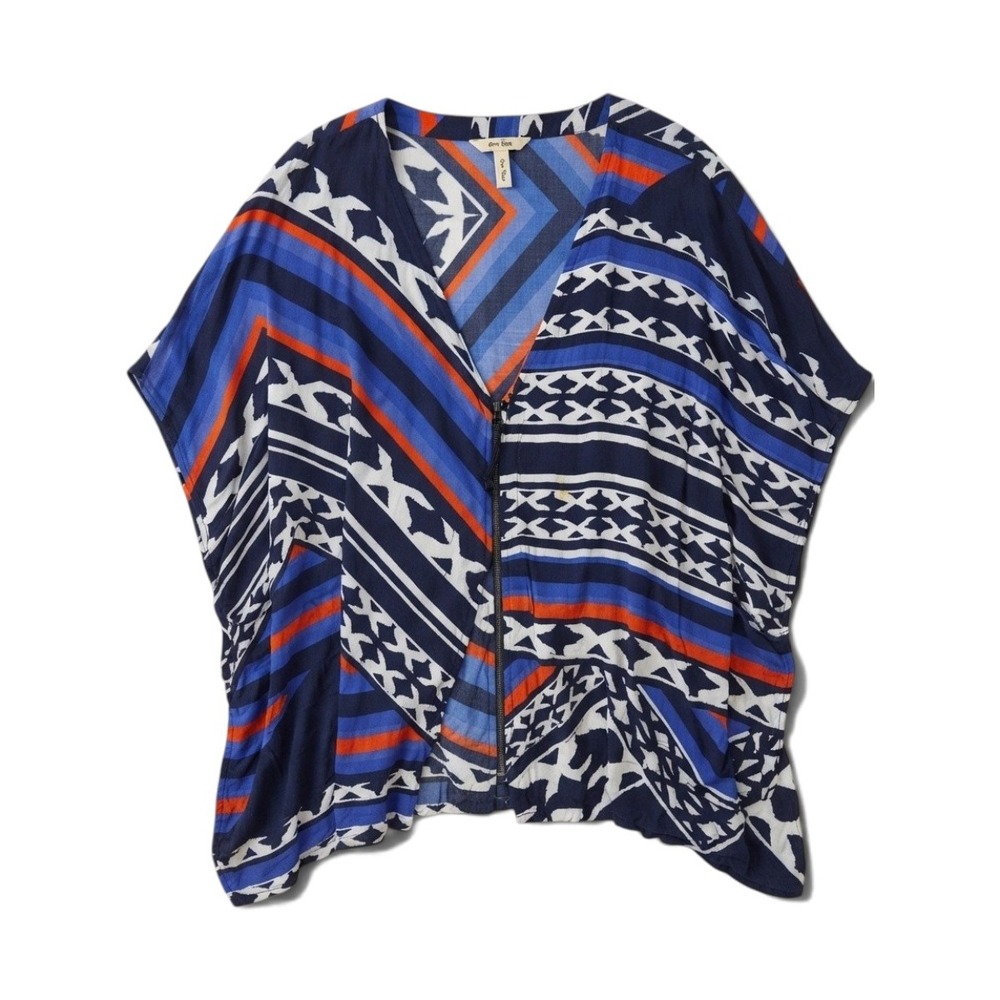 Touche Balneaire Women Blue Orange Geometric Zip Front Kimono Cover Up Large